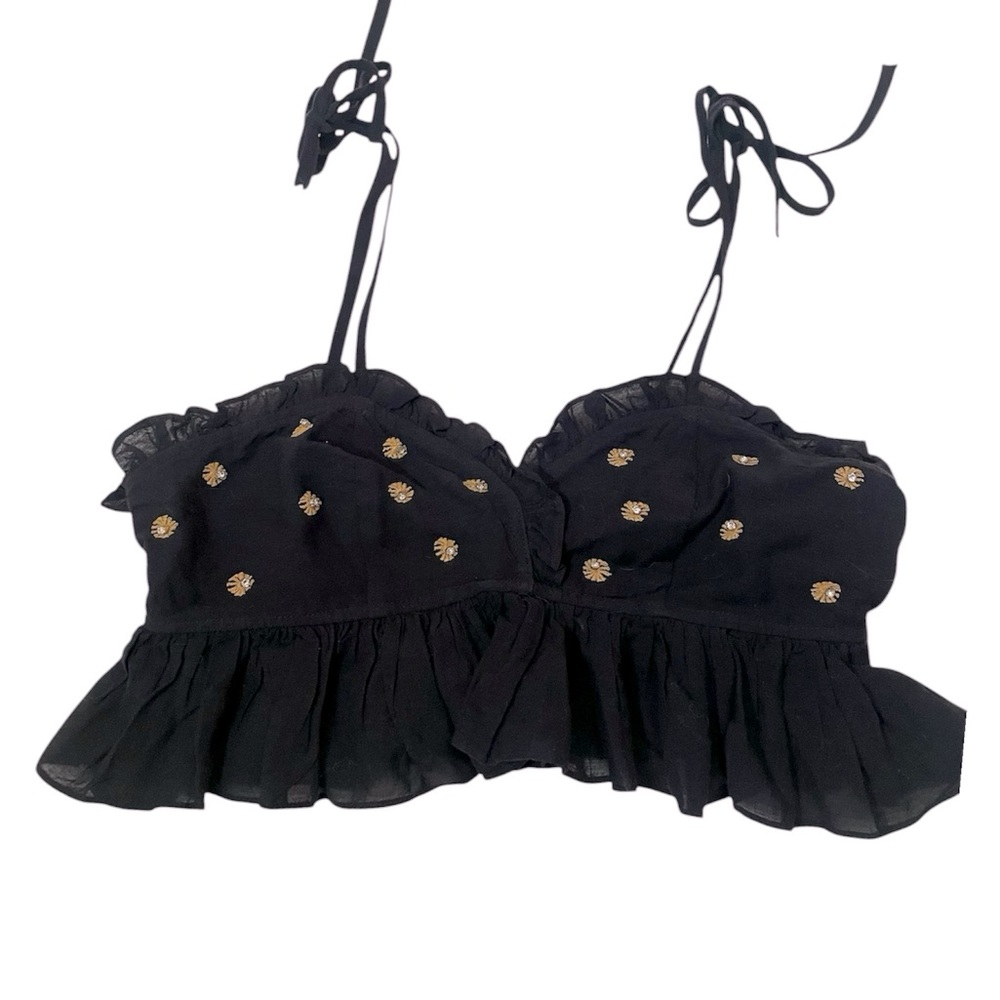 NWT Free People Black Ruffled Embellished Boho Crop Top Sz XS Spring Break